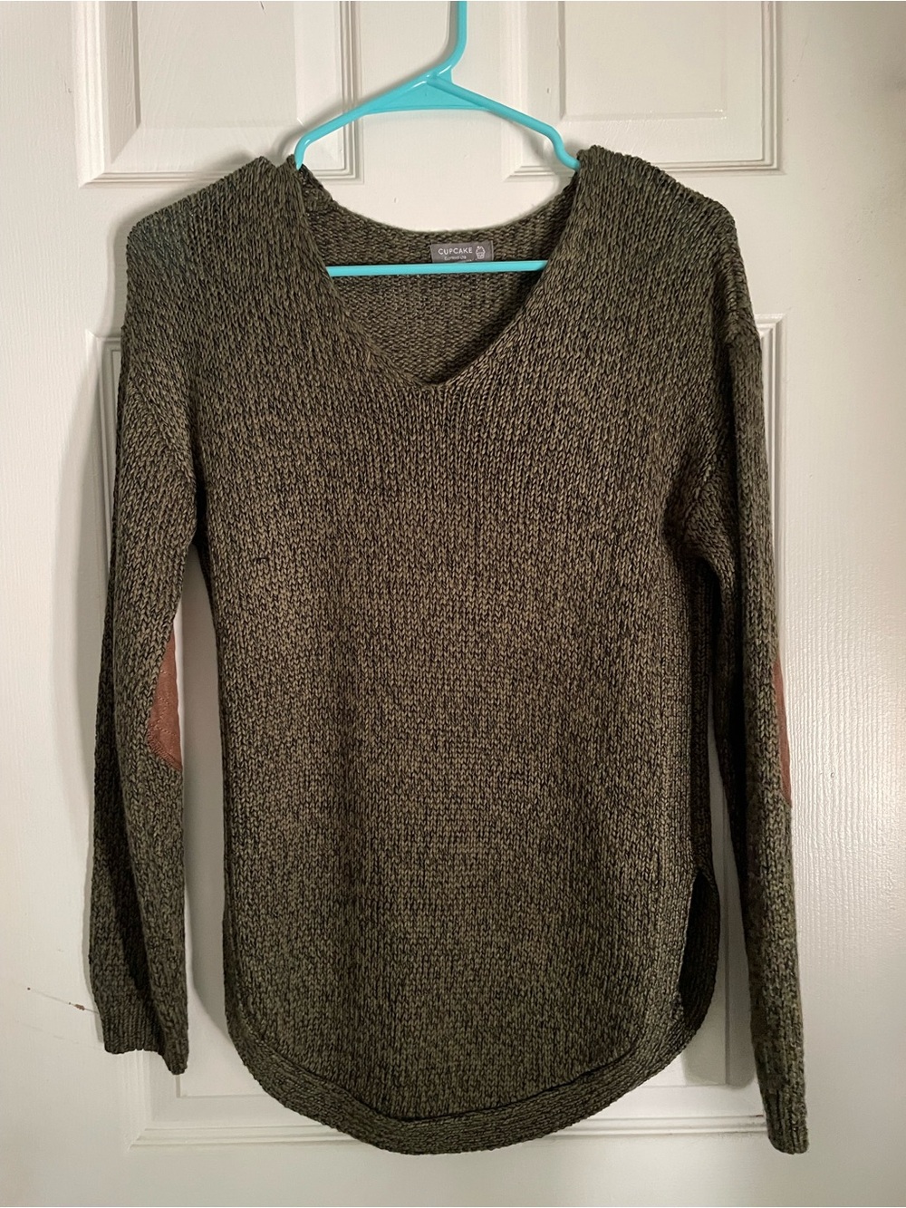 Olive Green V-Neck Women's Sweater with Elbow Patches
